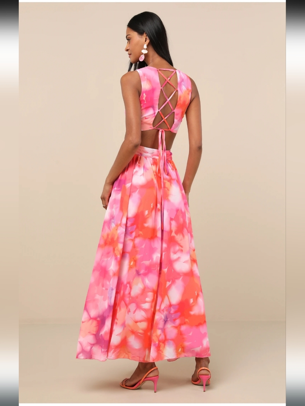 NWT Lulu's Elisanna Pink Multi Floral Lace-Up Midi Dress Size Small - Picture 3 of 16